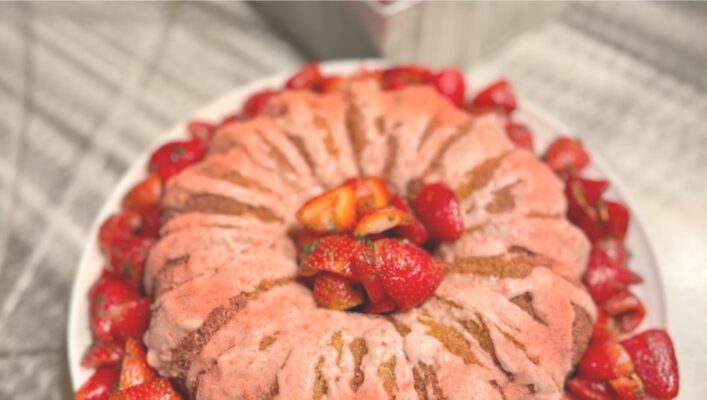 Gluten-Free Strawberry Pink Champagne Cake with Strawberry Pink Champagne Glaze with Macerated Strawberries with Basil Sugar