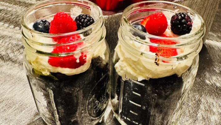 Easy Chocolate Mason Jar Cake with Whipped Cream and Berries