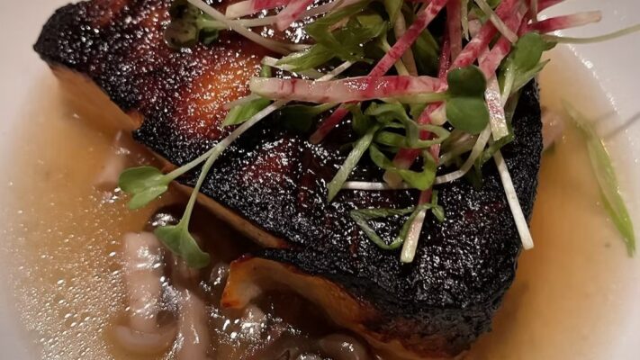 Gluten-Free Miso Glazed Sea Bass with Scallion Maitake Mushroom Dashi
