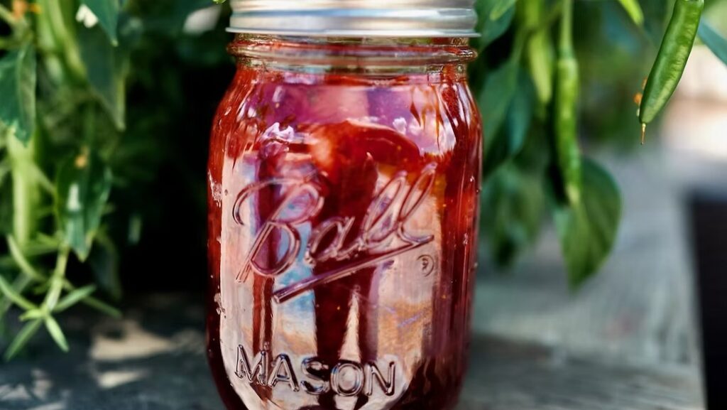 Jar of red Strawberry Ghost Pepper Jam displayed outdoors among green pepper plants.