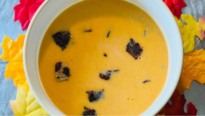 Creamy Maple Sweet Potato Soup with Candied Bacon