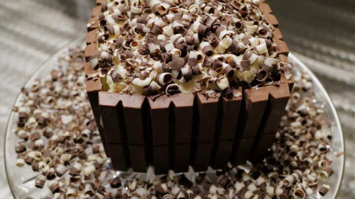 Gluten-Free Chocolate Kit Kat Cake with Chocolate Buttercream and Chocolate Curls Recipe