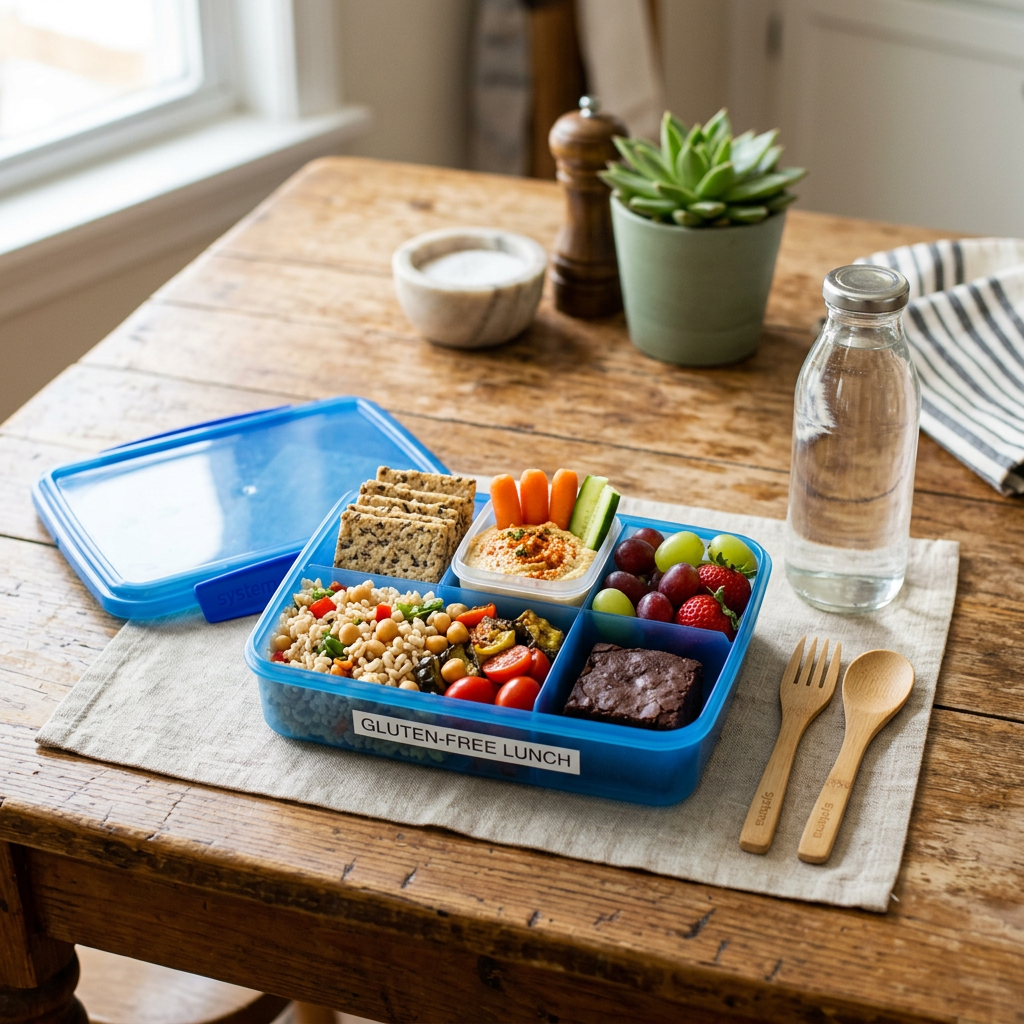 Blue meal container labeled gluten-free lunch with crackers, hummus, vegetables, grapes, strawberries, chickpea salad, and brownie