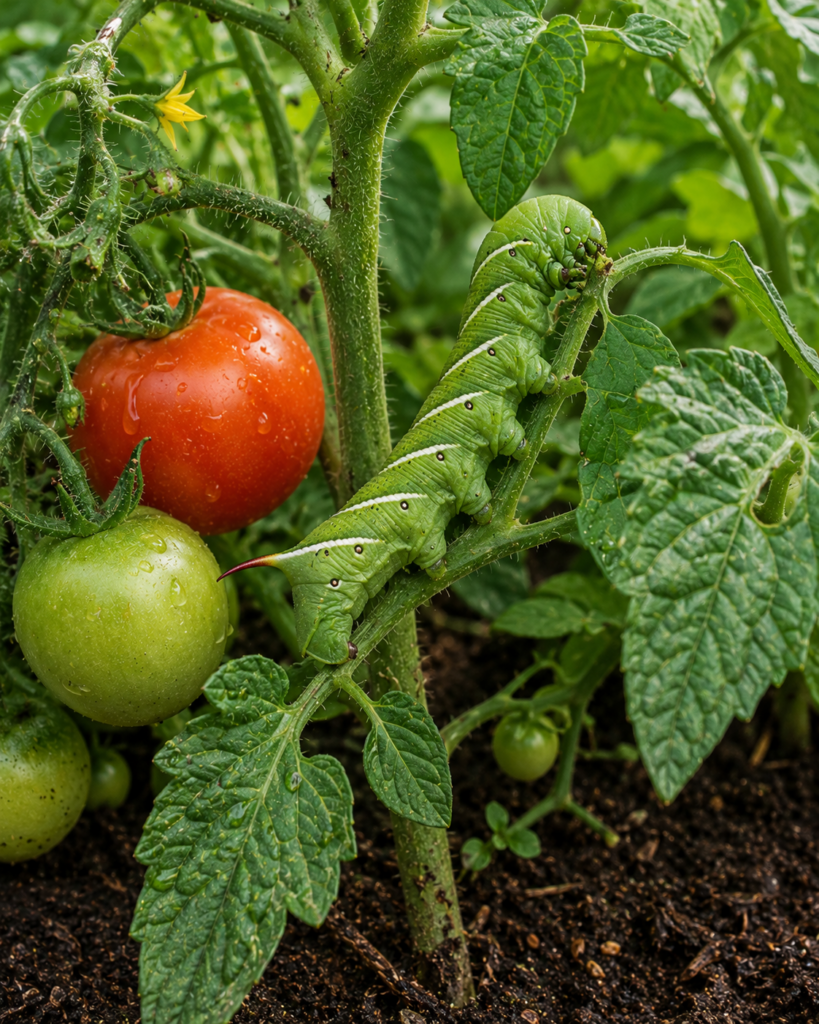 Large green tomato hornworm crawling on a tomato plant beside ripe red and unripe green tomatoes.
