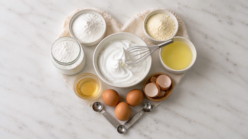 Meringue powder, egg whites, aquafaba, powdered egg whites, eggs, measuring spoons, and whipped meringue arranged in a heart shape.