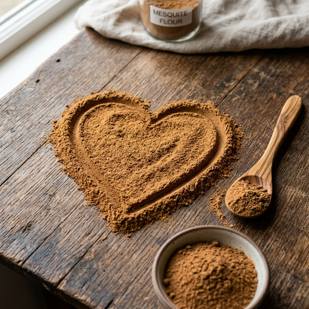 Heart shape made from mesquite flour beside a spoon and bowl