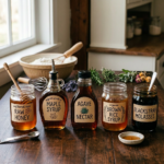 Jars of raw honey, maple syrup, agave nectar, brown rice syrup, and blackstrap molasses
